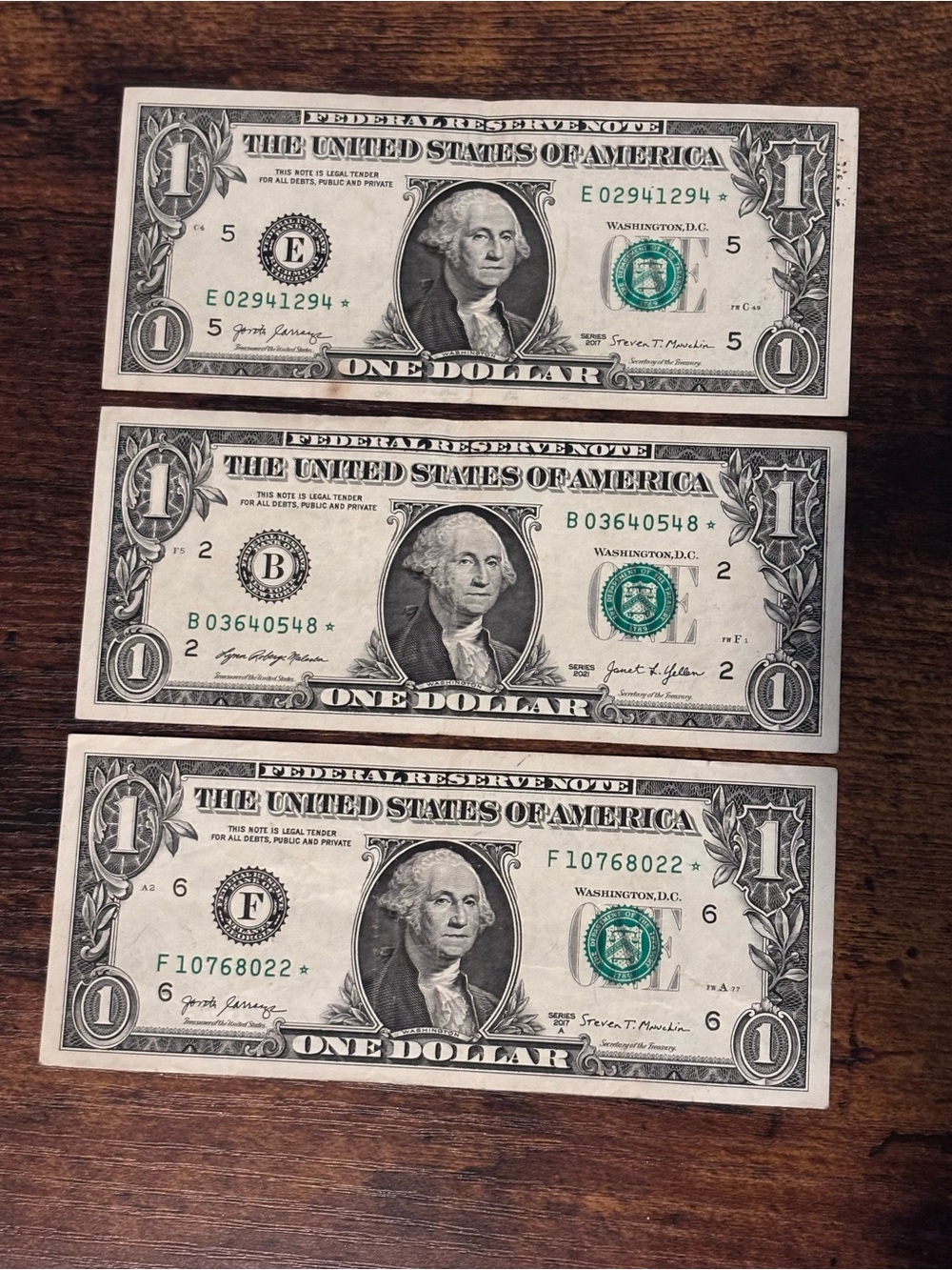 1$ Star Notes Lot of 3 Very Good Condition low serial
